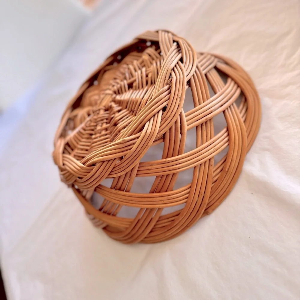 10” Vintage Wooden Tan Woven Basket Rustic Bohemian Bread & Fruit Bowl Basket